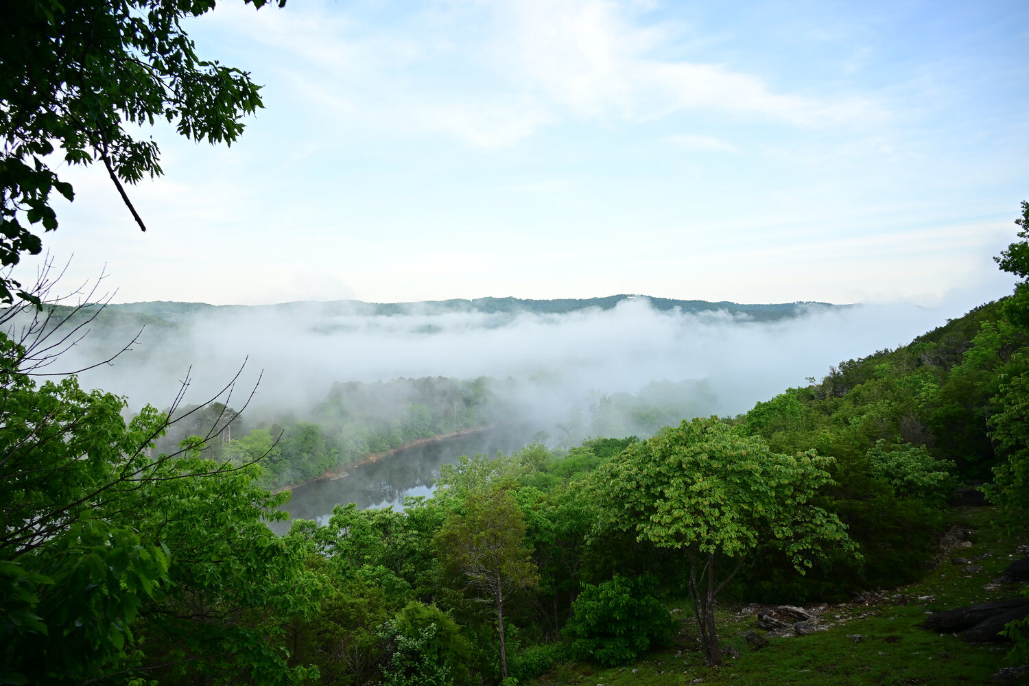 Morning fog blanketing the White River valley, viewed from the clifftop