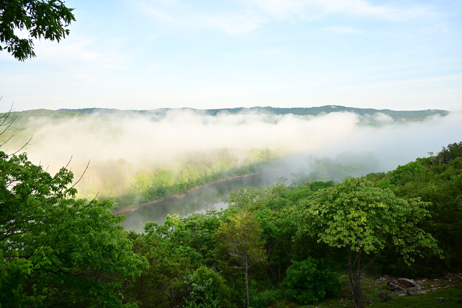 Morning fog and green ridgelines layered across the Ozark valley